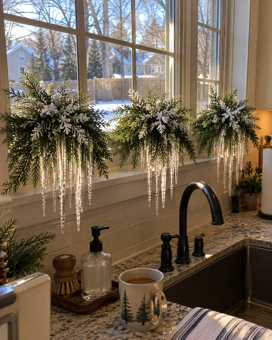 Snow-Kissed Icicle Greenery – Cascading Winter Mantel & Window Decor