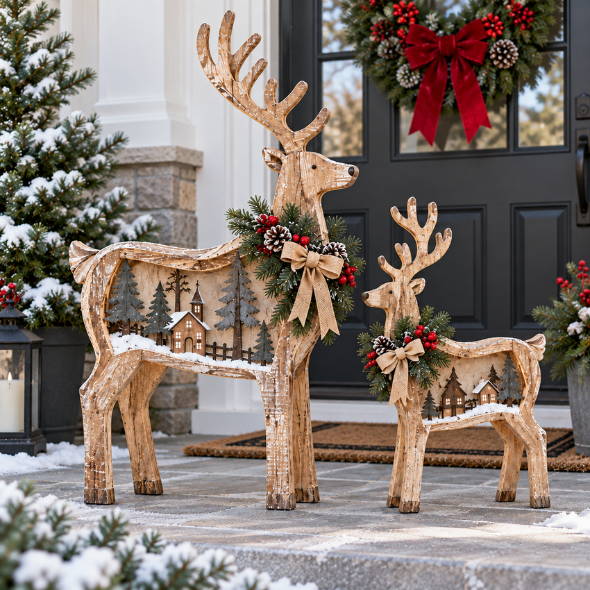 Woodland deer decorations displayed in natural daylight with the interior lights turned off