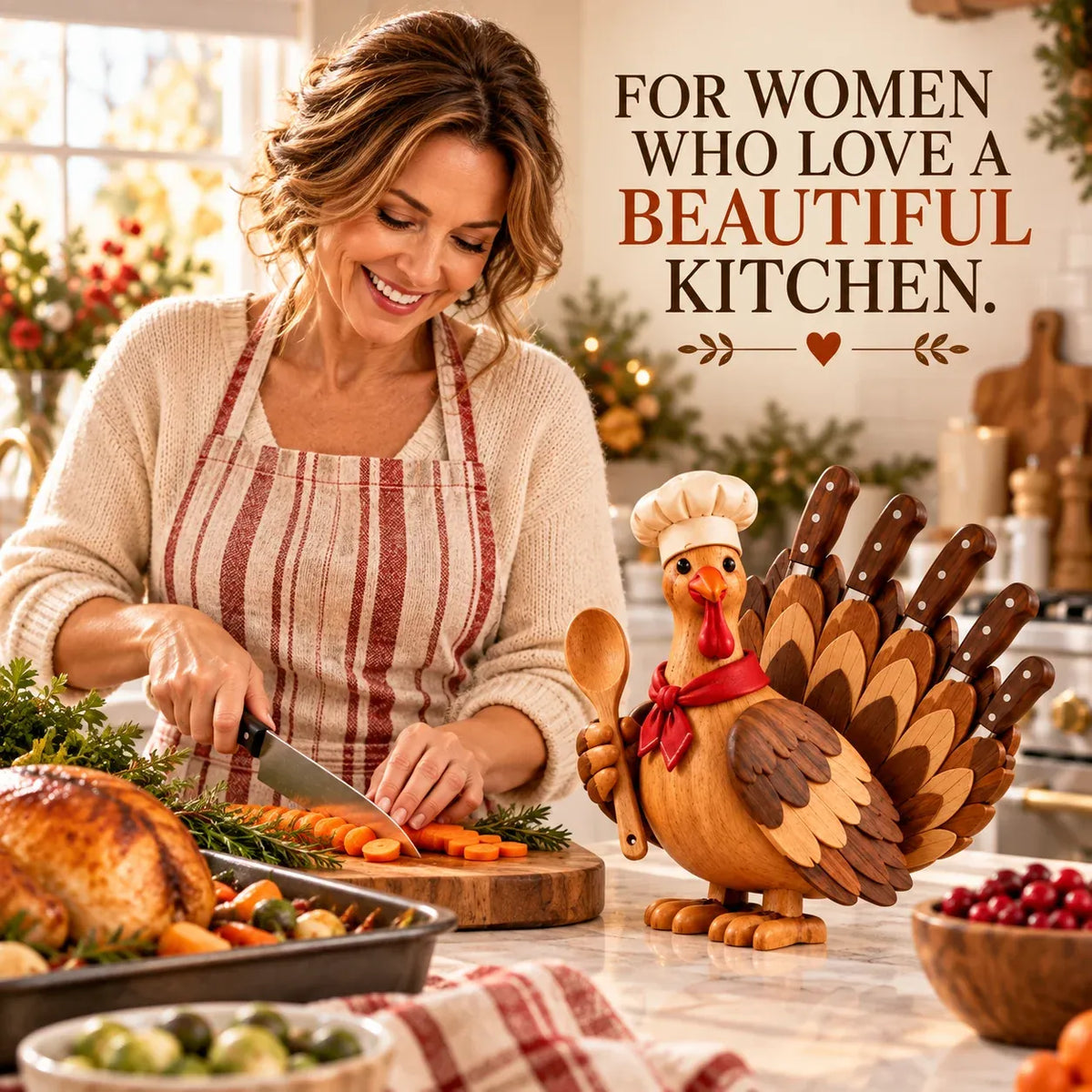 🦃 Rustic Turkey-Shaped Wooden Knife Stand | Thanksgiving Kitchen Decor