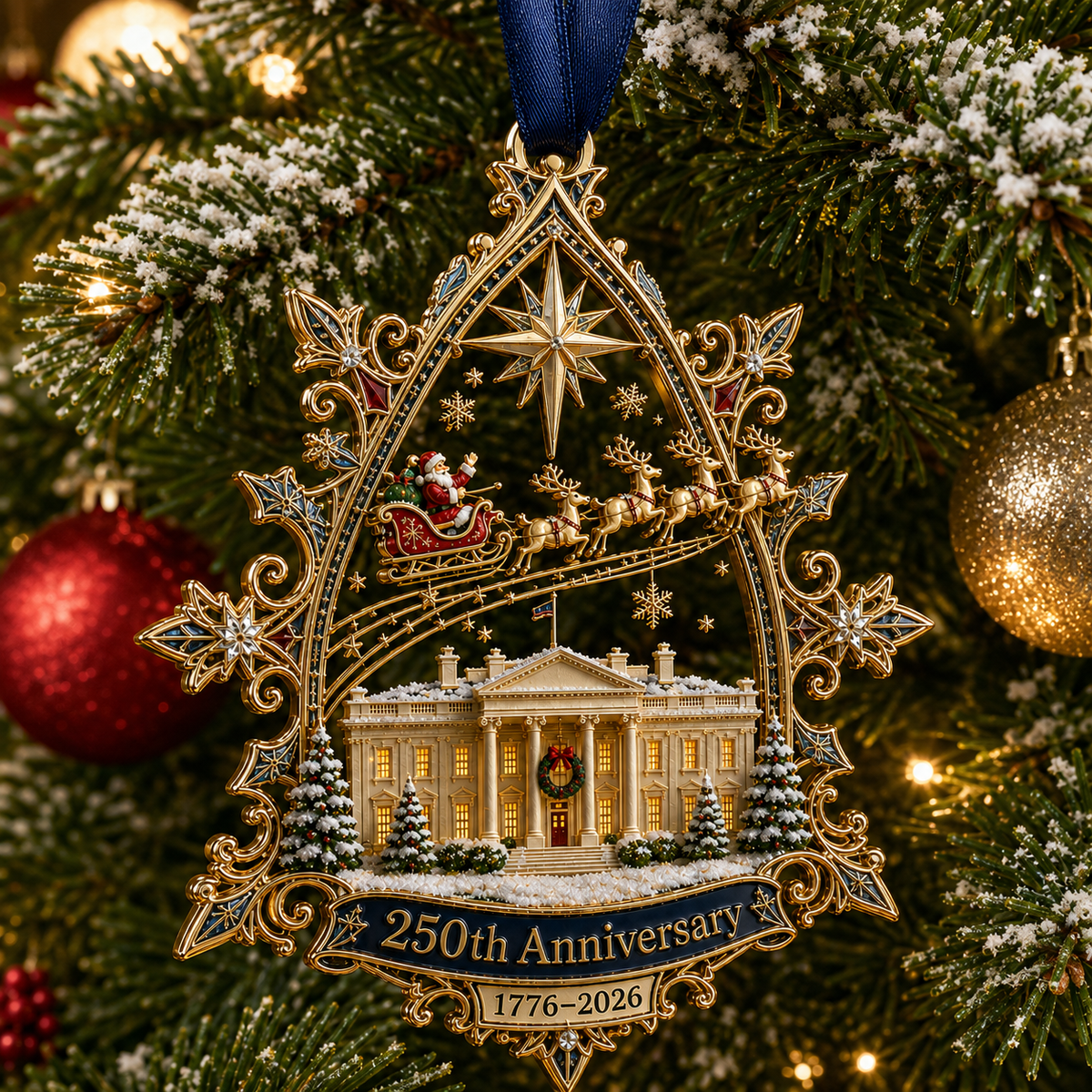 250th Anniversary Christmas commemorative ornament on tree