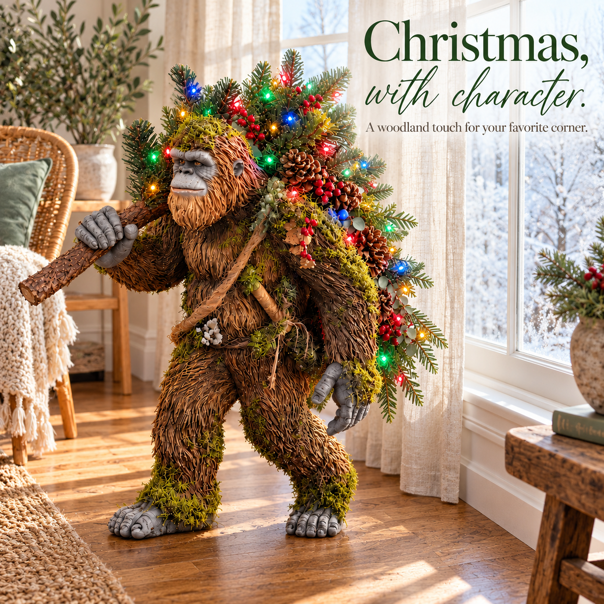 Sasquatch Christmas decoration styled beside a navy front door with colorful lighted branches