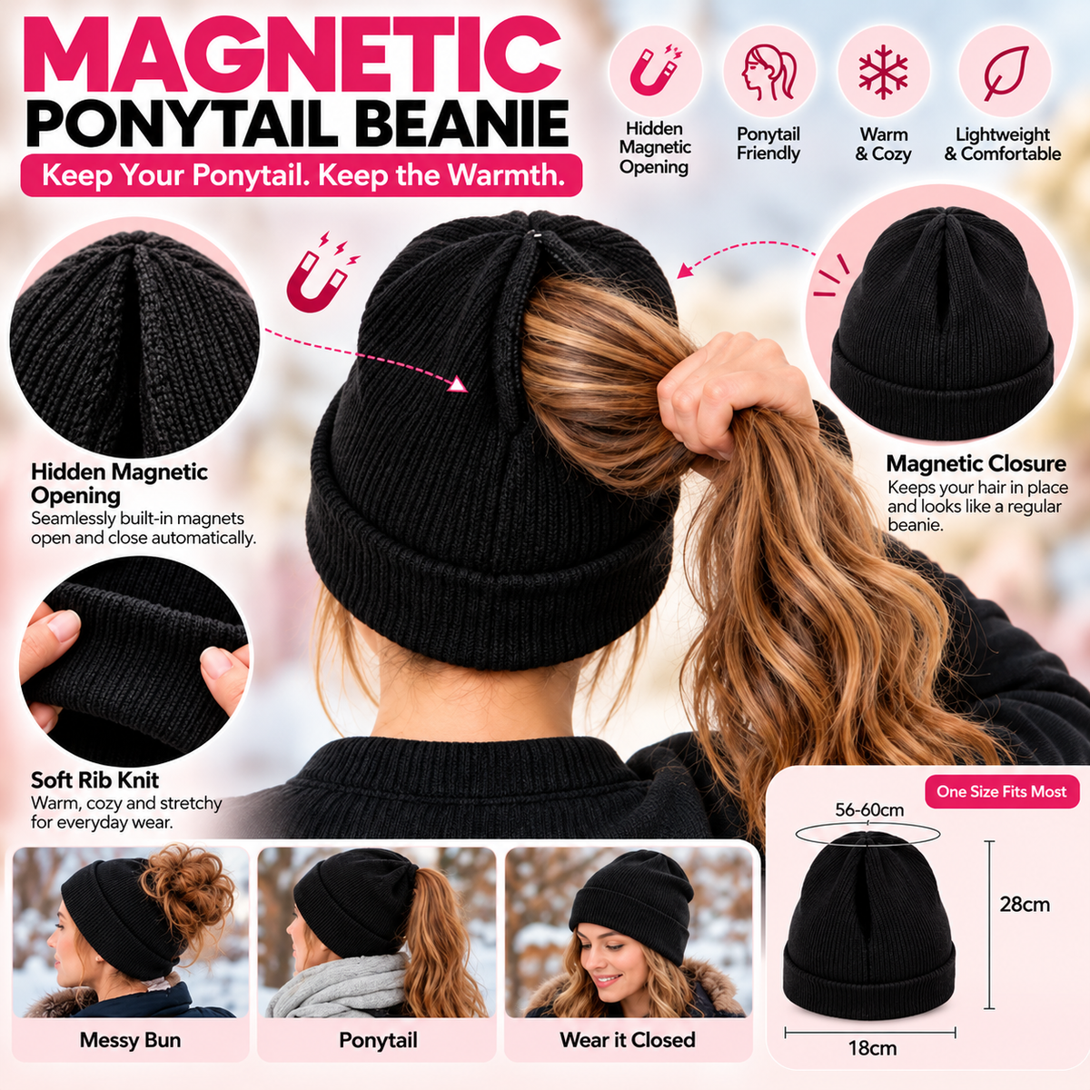 ✨2-in-1 Ponytail Knit Beanie — Features a built-in magnetic closure; no zipper design❄️