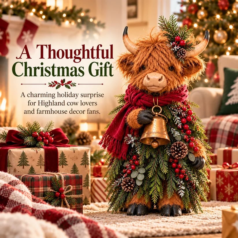 Christmas Highland Cow Figurine with Bell