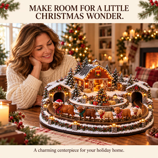 🐮🎄 Merry Highland Cow Christmas Village – Animated Moving Cow Parade & Rotating Christmas Tree, Warm Light-Up Farmhouse Tabletop Decor, Unique Holiday Gift 🎁✨