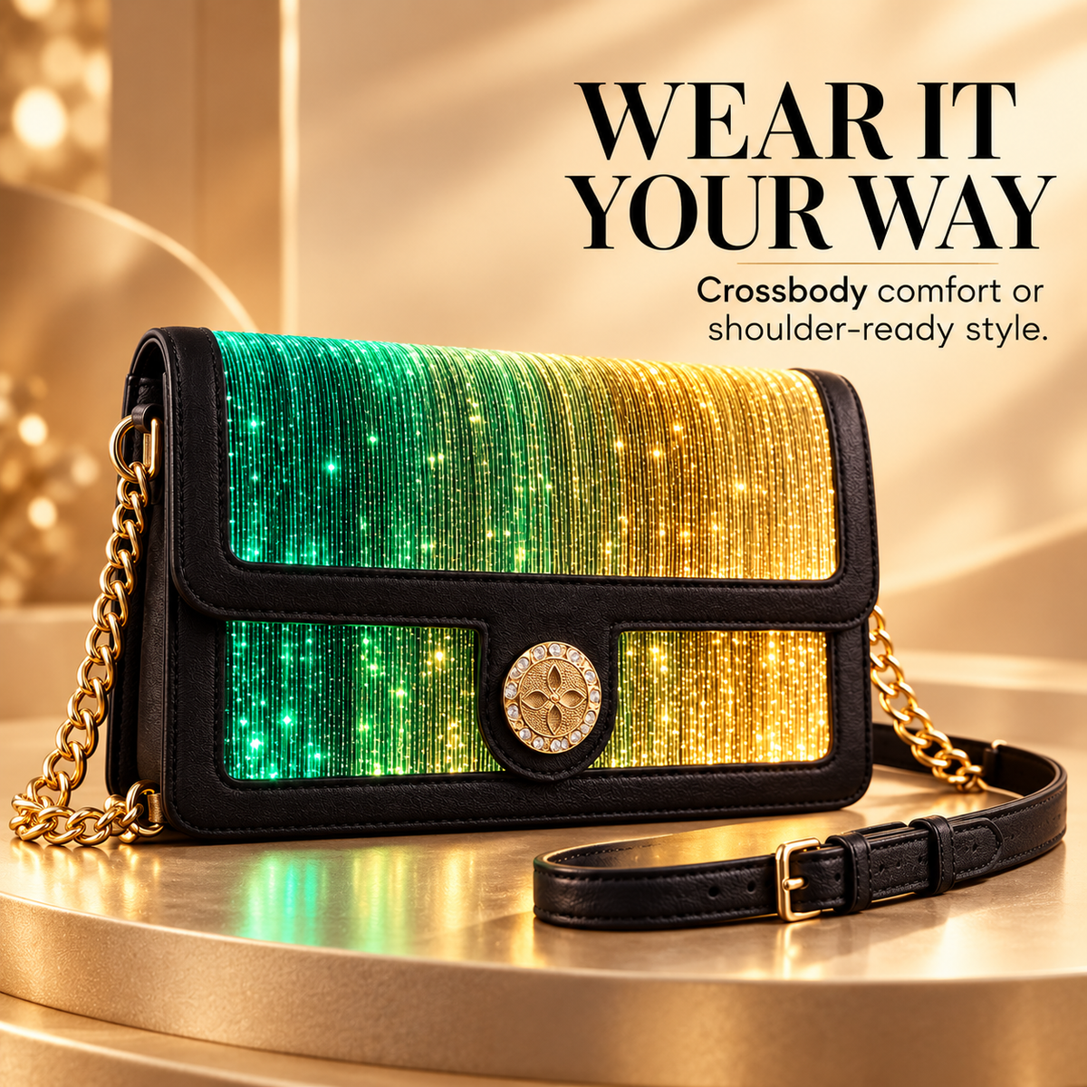 Fiber Optic Light Up Crossbody Bag, 7 Colors Glowing PU Leather Shoulder Purse