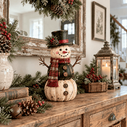 ☃️ Vintage Pumpkin Snowman Duo – Rustic Black & Ivory Farmhouse Christmas Figurines