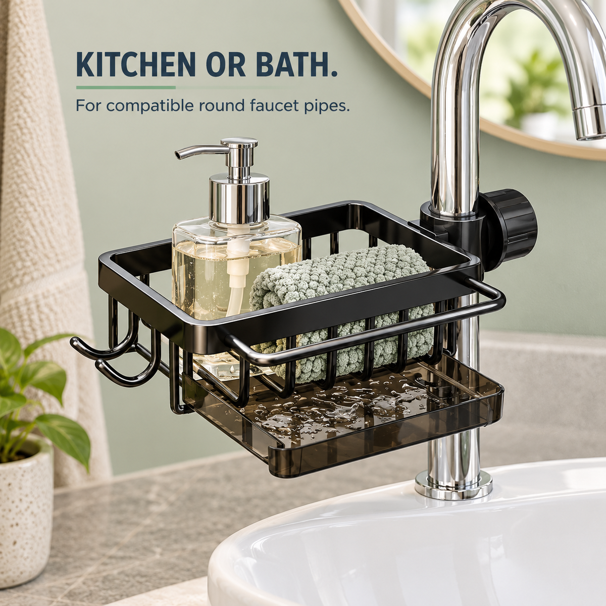 Faucet-Mounted Sink Organizer with Drip Tray