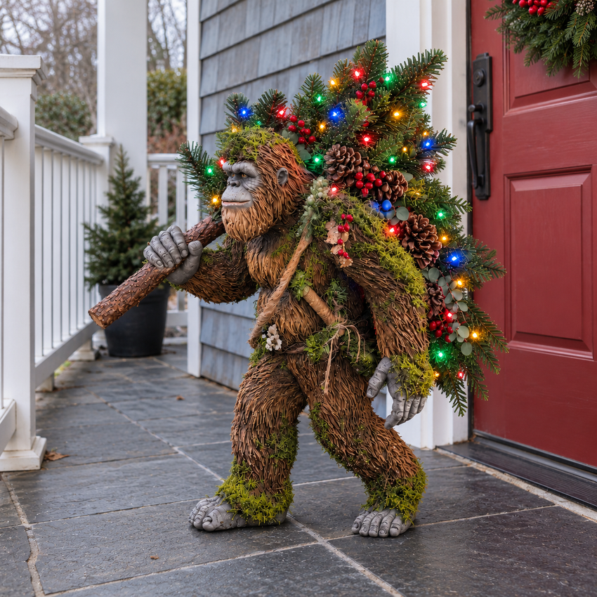 Holiday Sasquatch next to a red front door with colored lights switched on