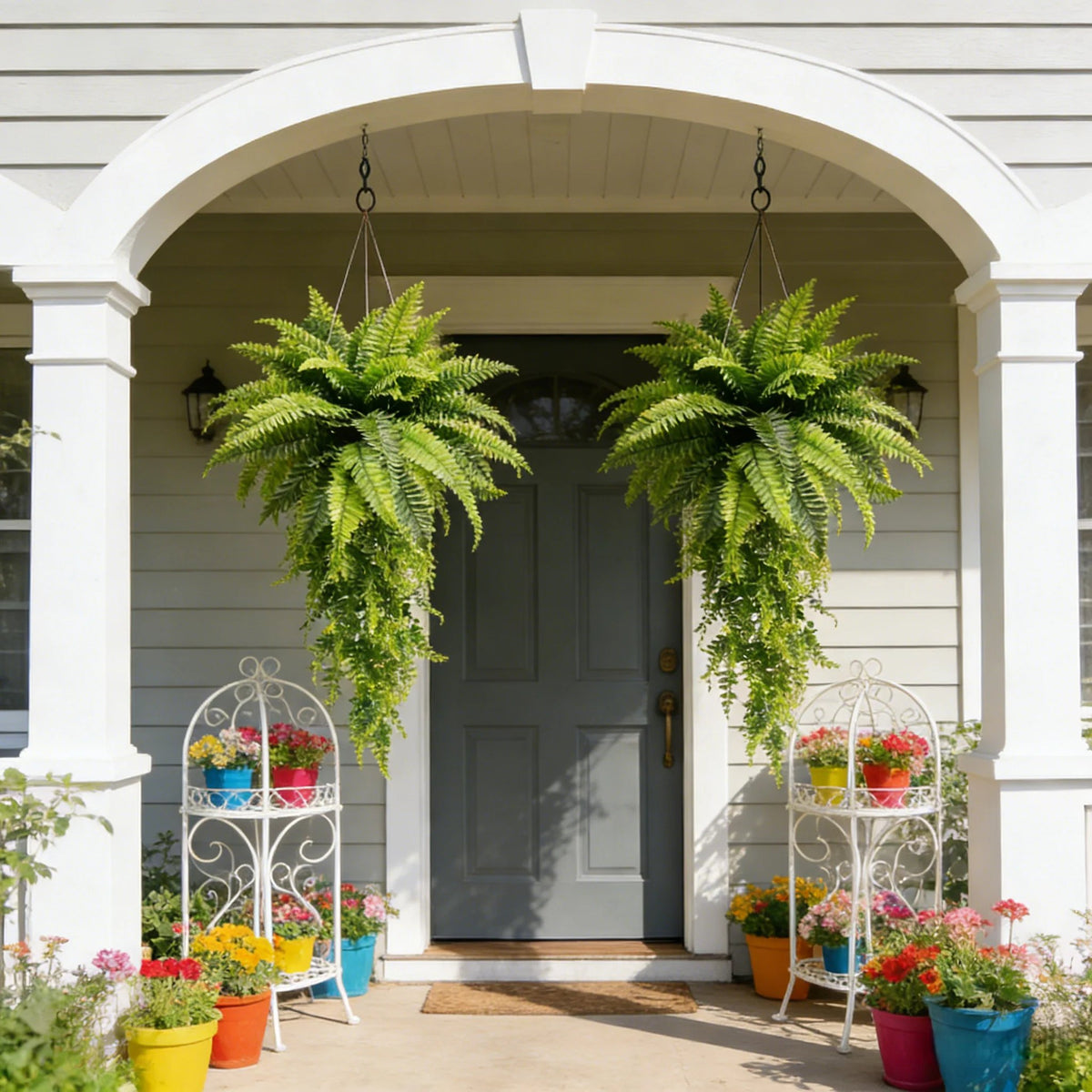 Two cascading Boston ferns framing a home entrance