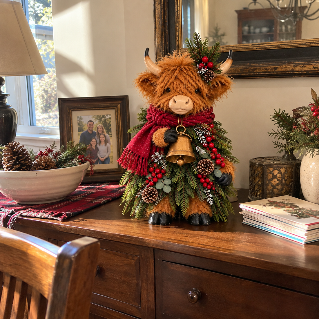 Cozy Highland cow Christmas figure beside framed family photo and festive greenery