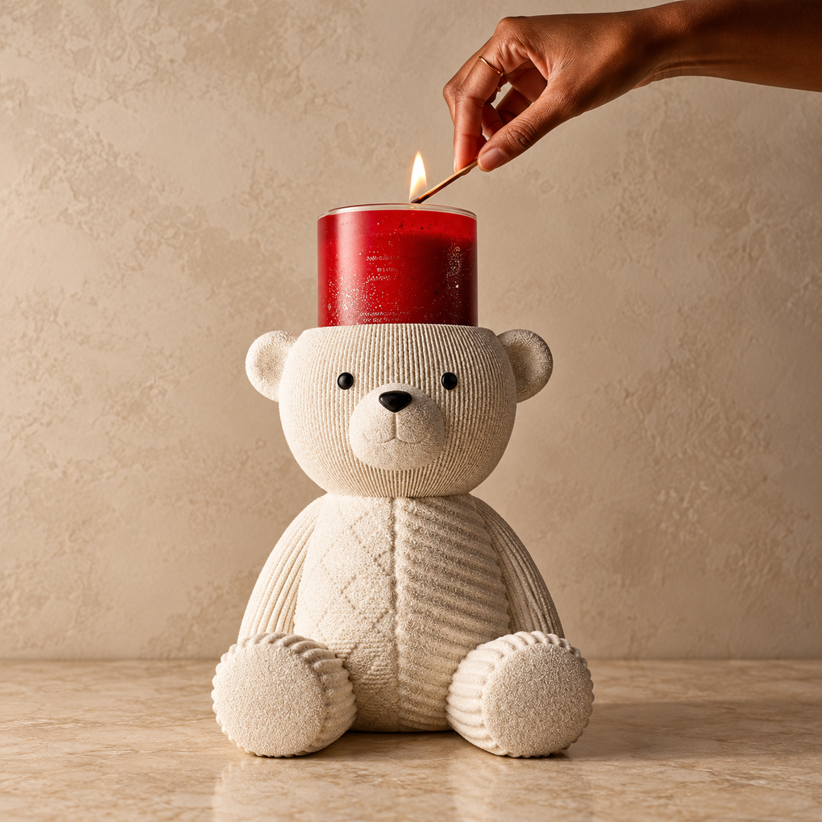 Warm-toned bear candle holder used as a holiday styling inspiration photo
