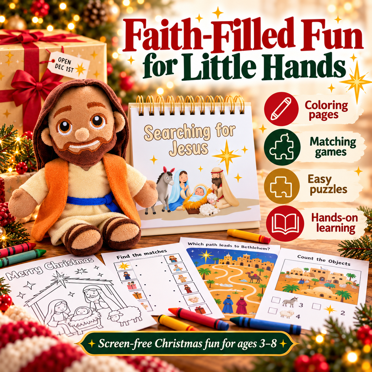Examples of Christmas activity pages including coloring, matching and puzzles
