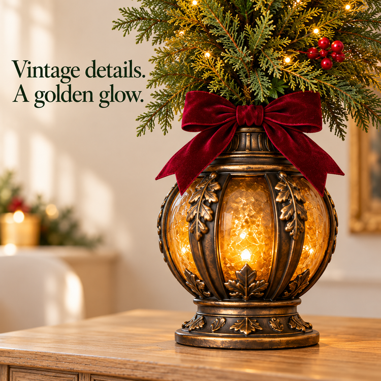 Red cardinal ornament among evergreen branches and warm lights