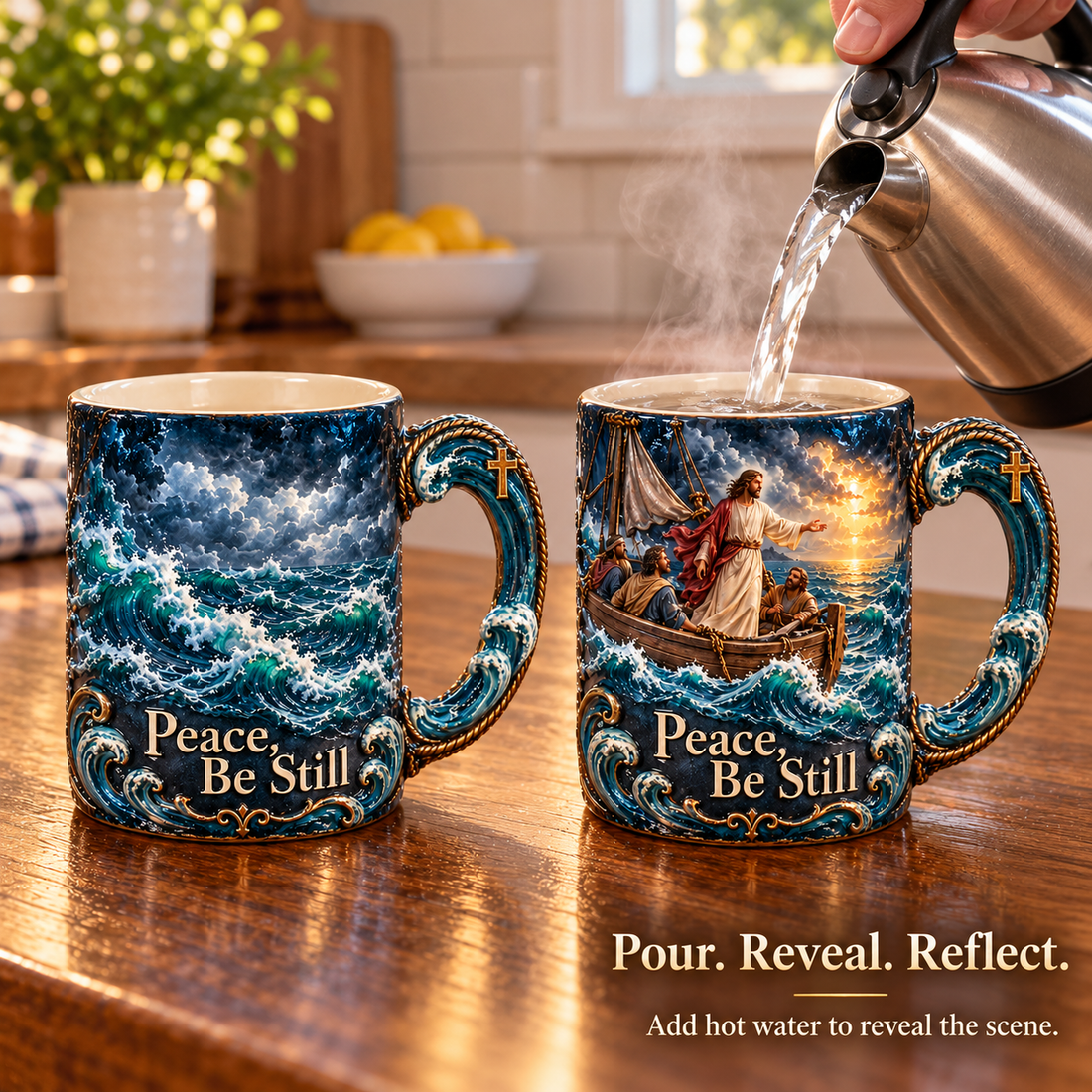 Pouring hot water to reveal the inspirational mug scene