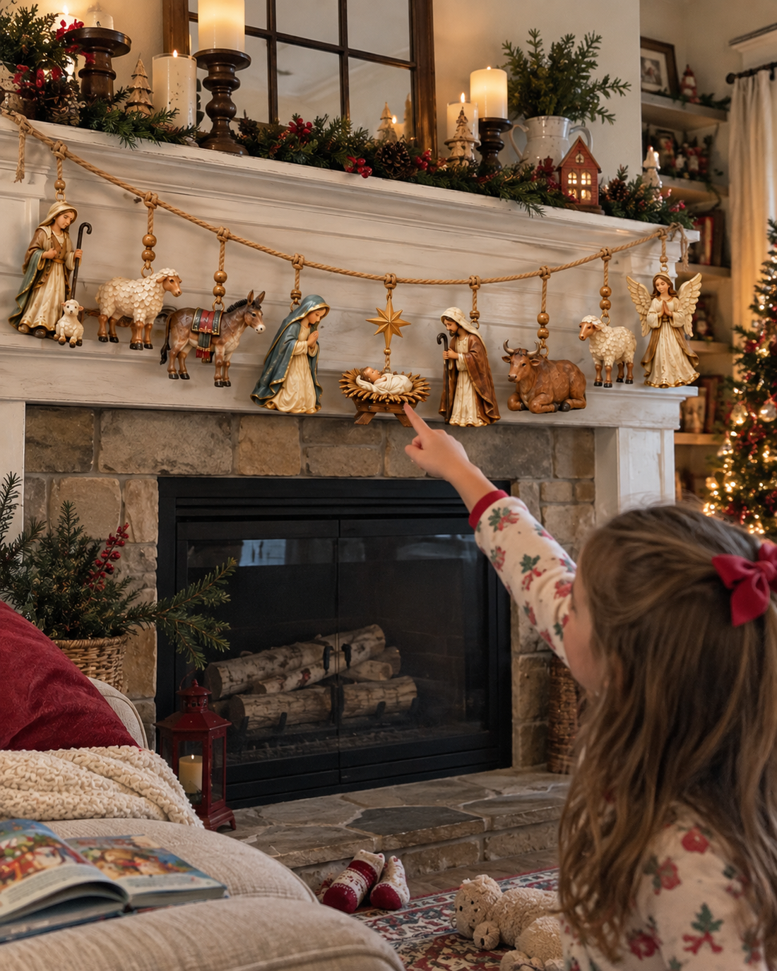 Child pointing toward the baby Jesus figure on a Christmas nativity garland