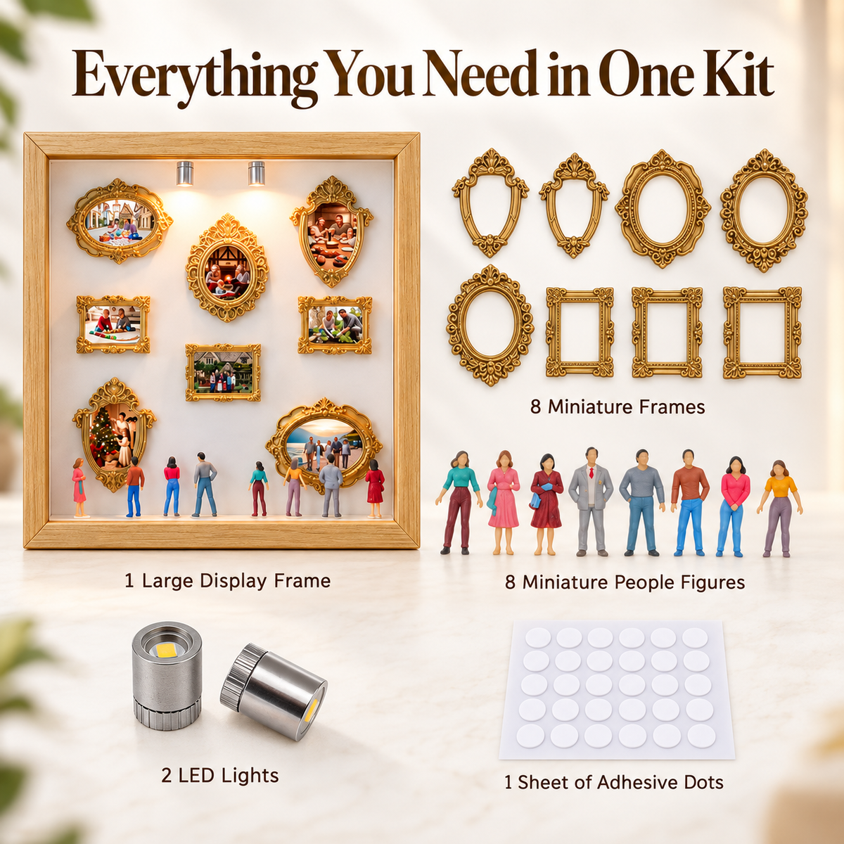 Kit contents including the large display frame, miniature frames, figures, lights and adhesive dots
