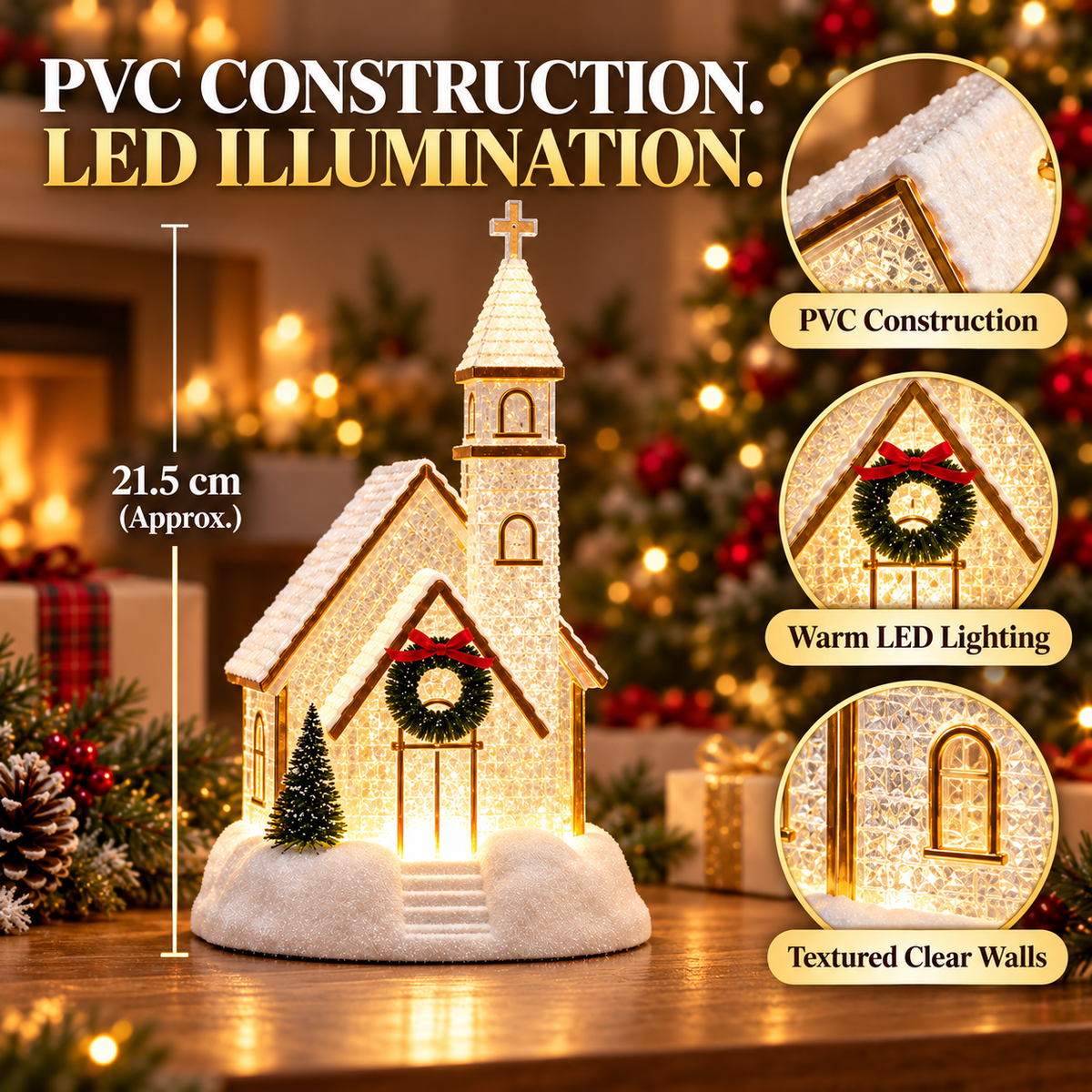 Christmas church PVC and LED details with approximate height of 21.5 centimeters