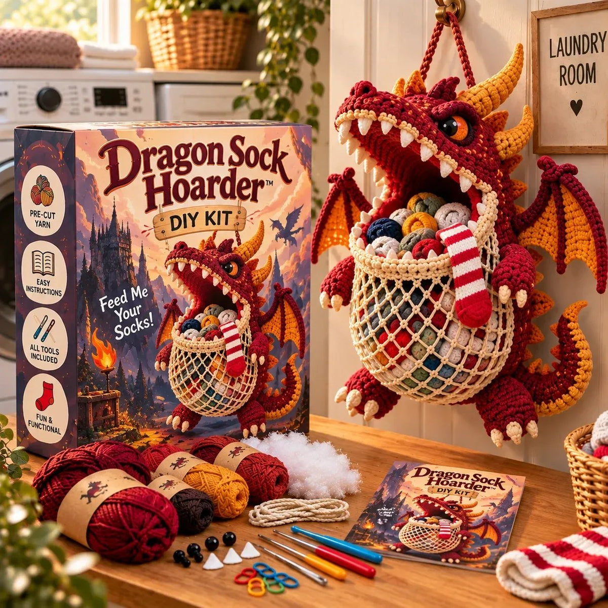 🧦😂 Sock Gobblers™ – DIY Crochet Animal Sock Holder Kit | Funny Hanging Laundry Organizer & Creative Handmade Gift 🦈🐊
