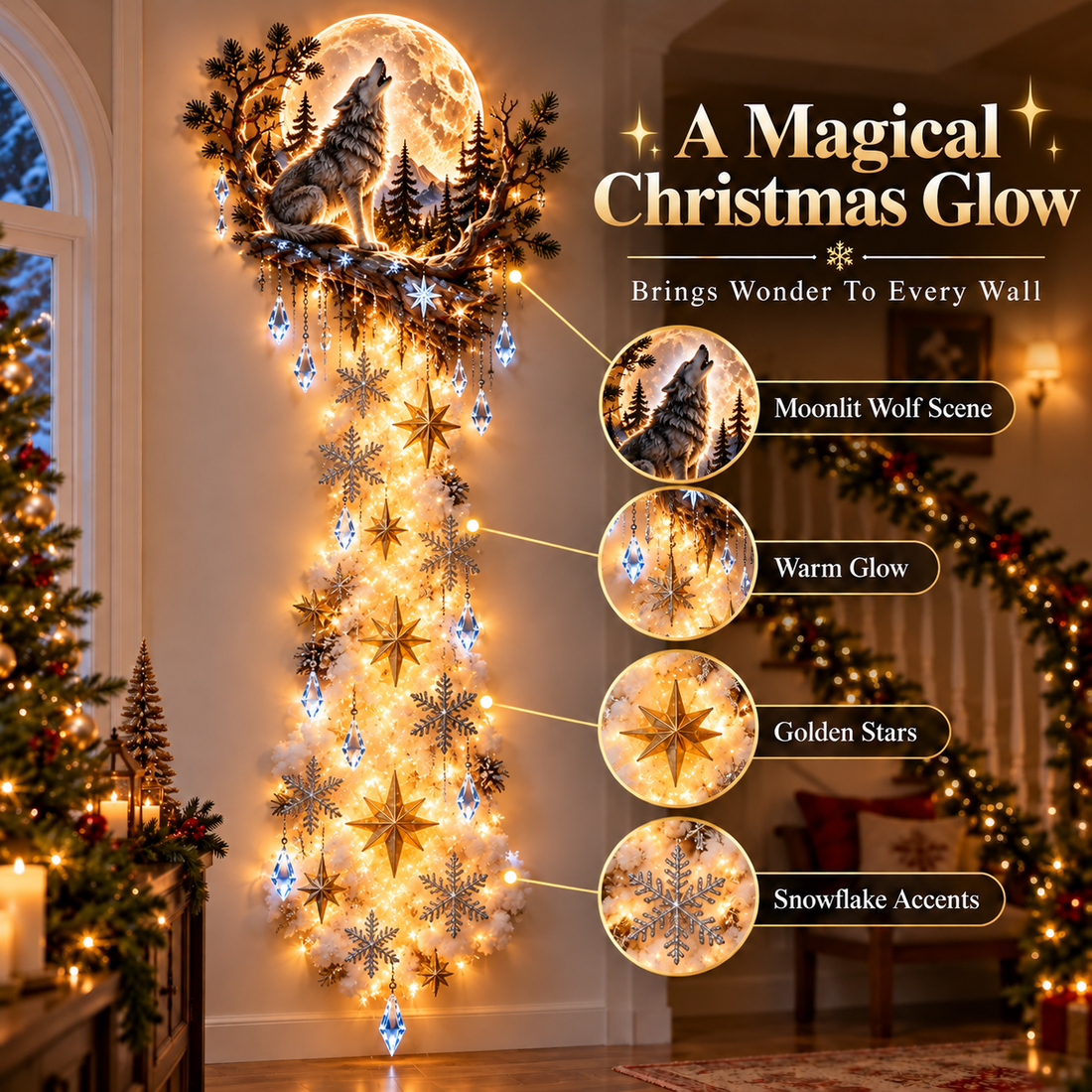 Moonlit Wolf Christmas Magic Trail Wall Light
