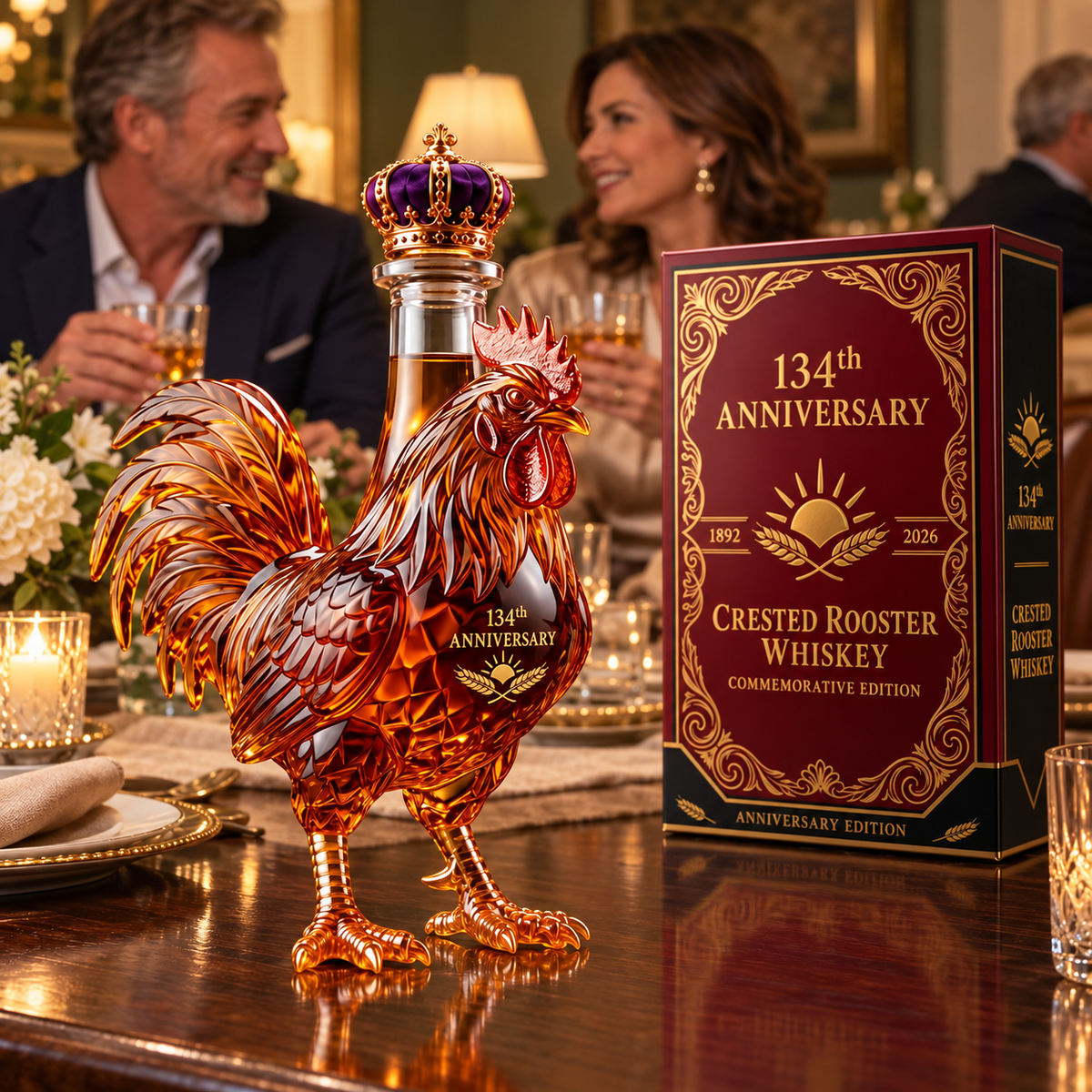 Crested Rooster bottle beside the burgundy-and-gold 134th anniversary box at a dinner gathering