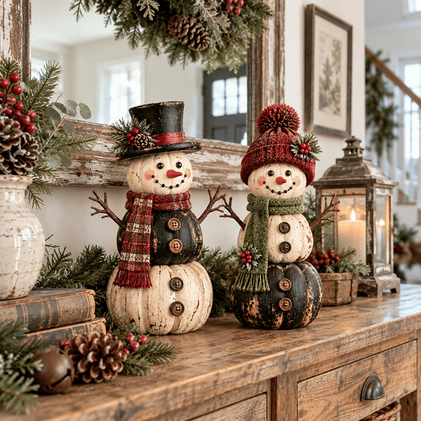 ☃️ Vintage Pumpkin Snowman Duo – Rustic Black & Ivory Farmhouse Christmas Figurines