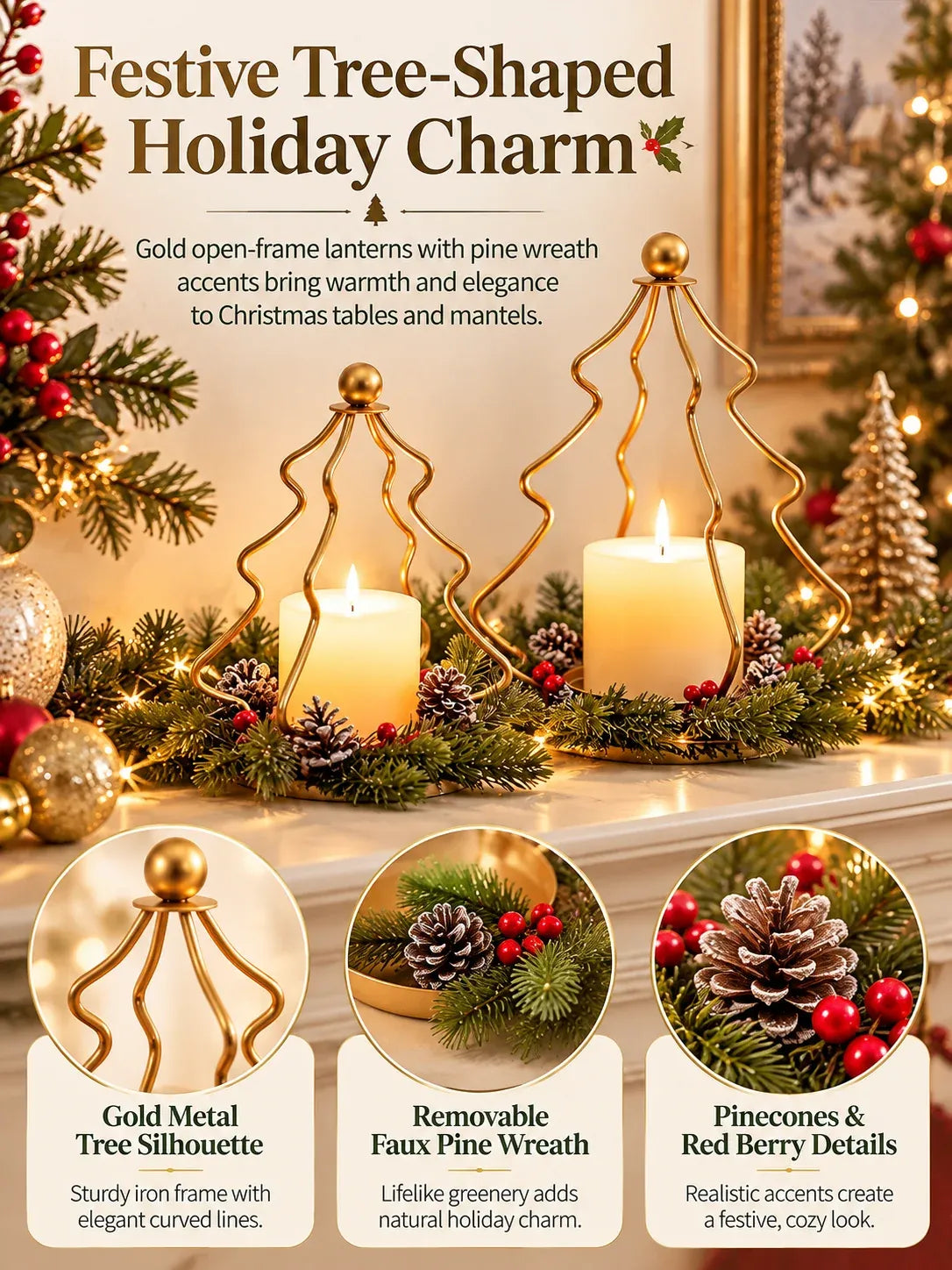 ✨Christmas Tree Candle Holders – Gold Lanterns with Wreaths