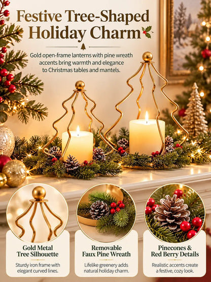 ✨Christmas Tree Candle Holders – Gold Lanterns with Wreaths