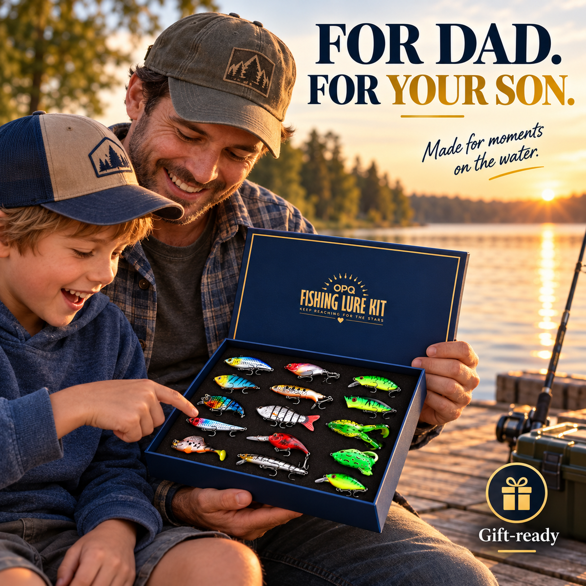Father and child looking at the fishing lure gift box together