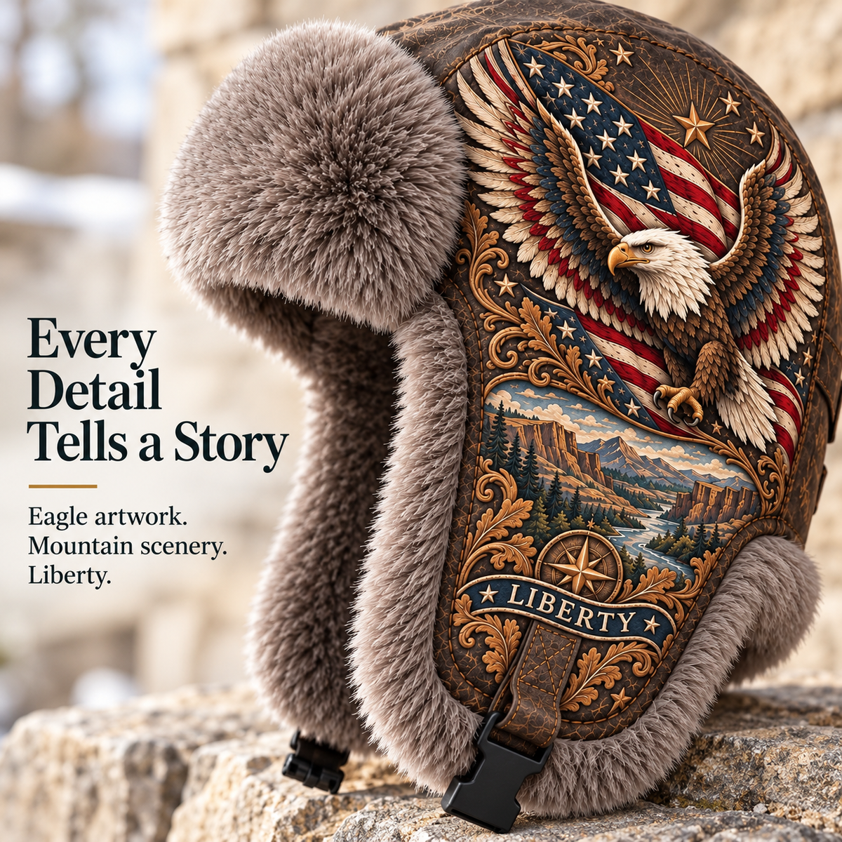 🦅 “Wings of Freedom” Genuine Leather Winter Trapper Hat with Plush Lining