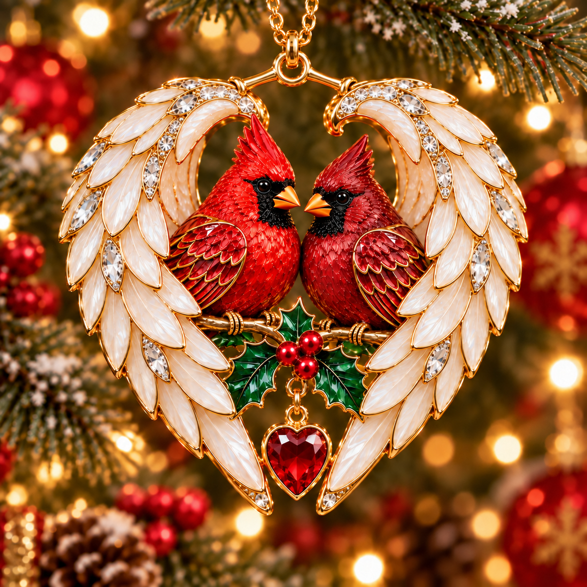 Red Cardinal Pair inside white heart-shaped wings with holly details and a red heart accent
