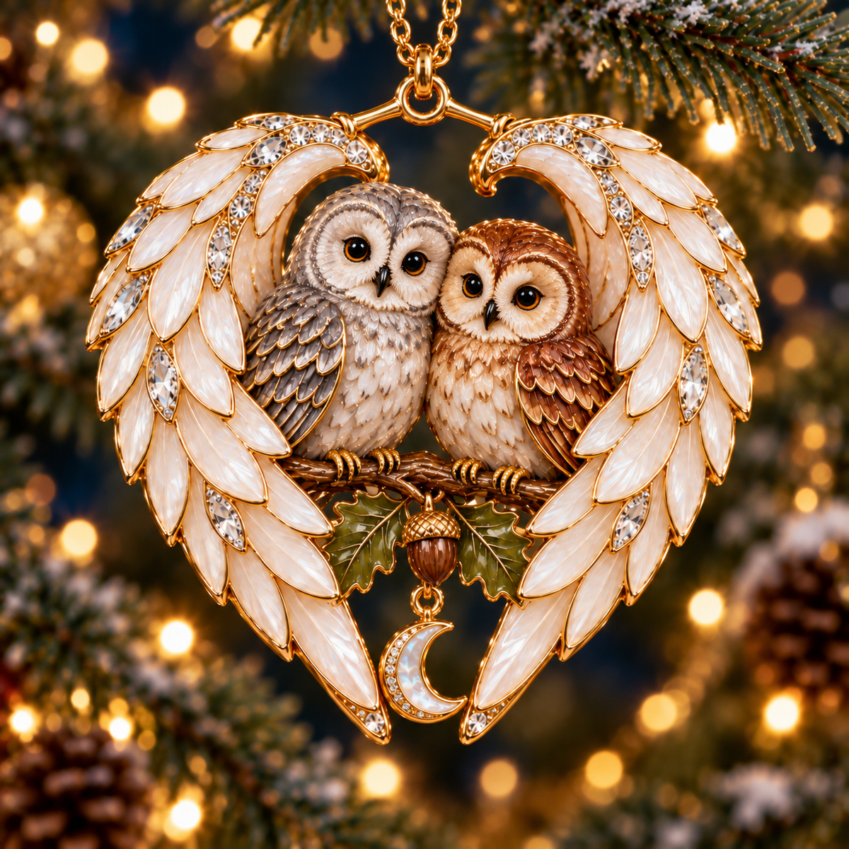 Gray-and-brown Owl Pair inside white heart-shaped wings with acorn details and a crescent accent