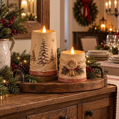 Rustic Christmas Flameless LED Candle Decor Set of 2
