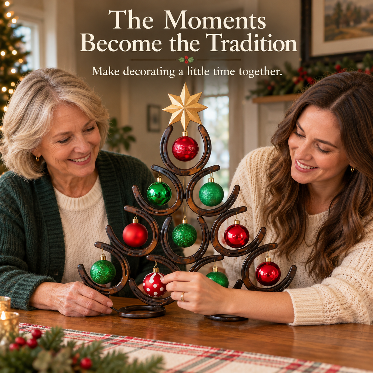 Two women enjoying decorating with a horseshoe Christmas tree