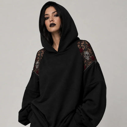 🖤 Gothic Reveal Hoodie for Alternative Fashion Lovers – Lace, Skull & Rose Design