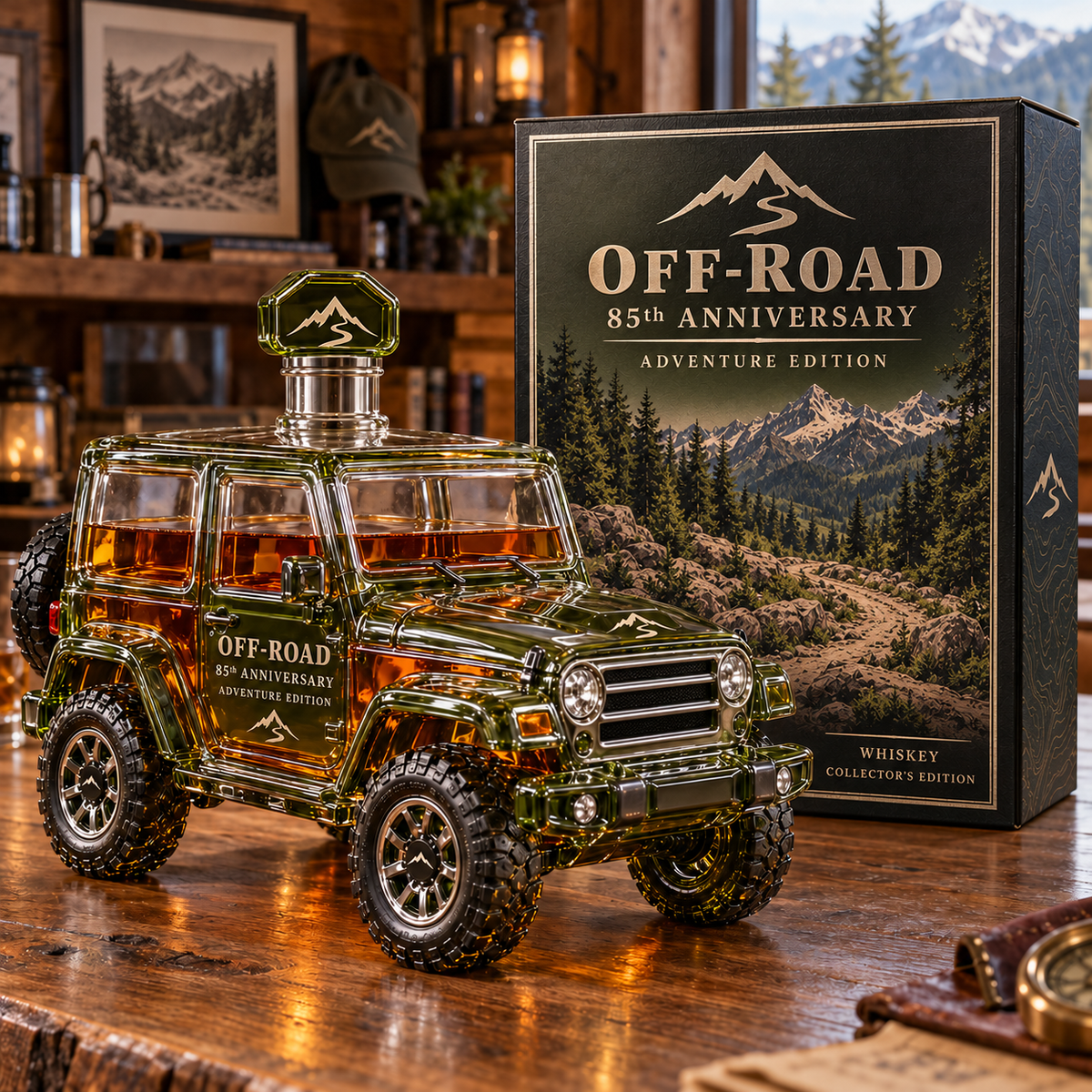 Off-road 85th Anniversary decanter and matching mountain-themed collector gift box