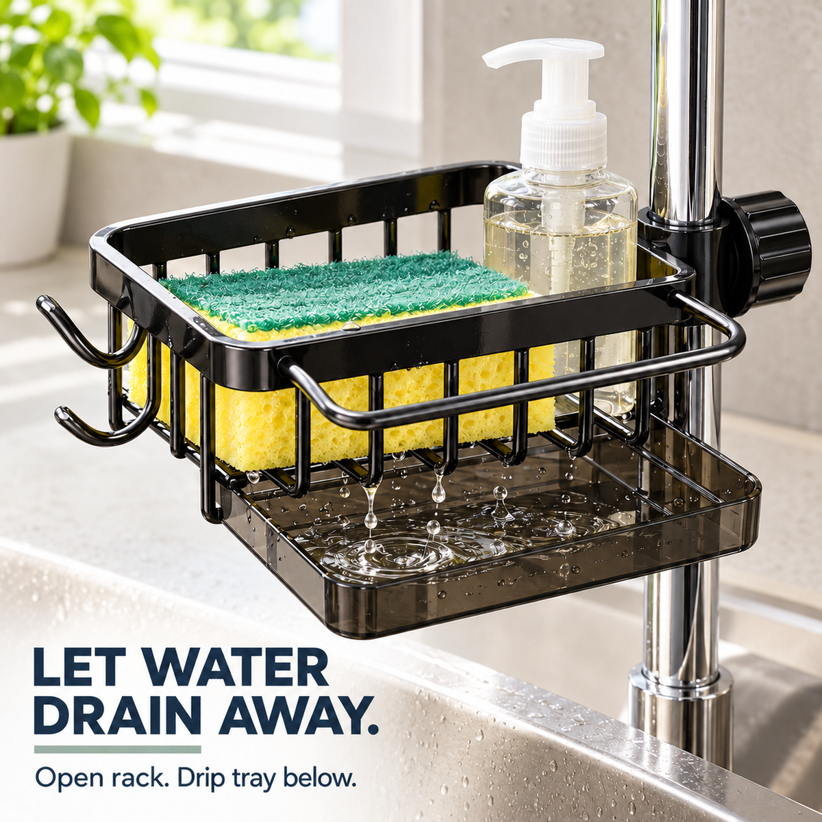 Faucet-Mounted Sink Organizer with Drip Tray
