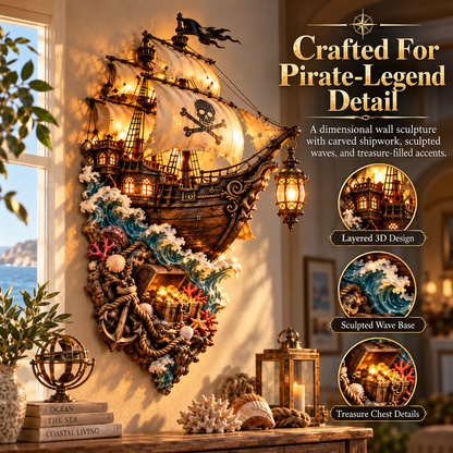 Captain's Lost Treasure – Lighted 3D Pirate Ship Wall Art, Vintage Nautical Decor for Home Bar, Study & Living Room