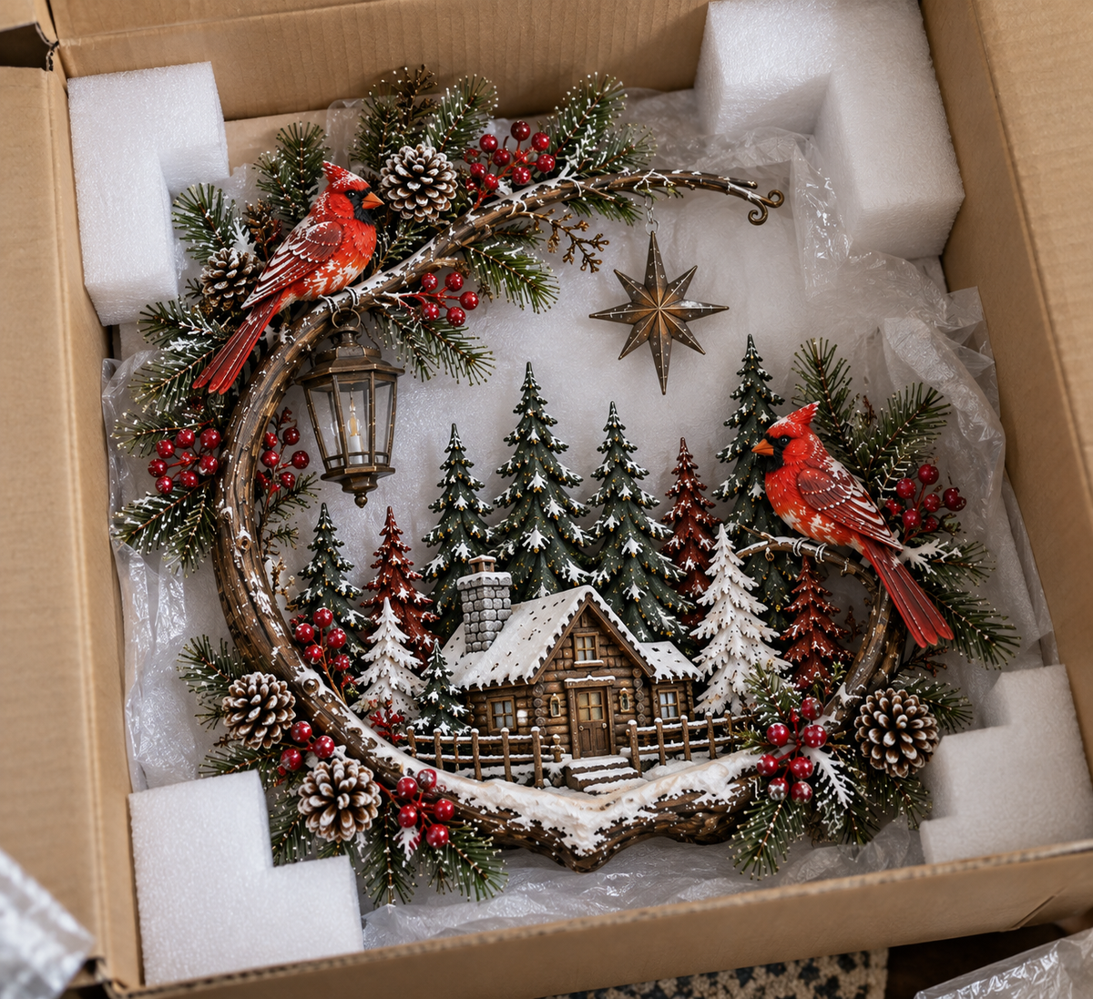 🎄❤️ Cardinal Winter Haven™ – Lighted Christmas Cabin Wreath Wall Decor ✨
