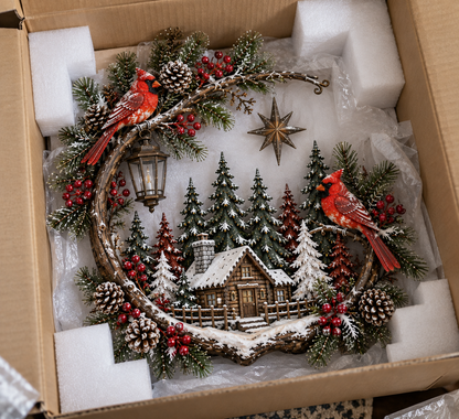 🎄❤️ Cardinal Winter Haven™ – Lighted Christmas Cabin Wreath Wall Decor ✨
