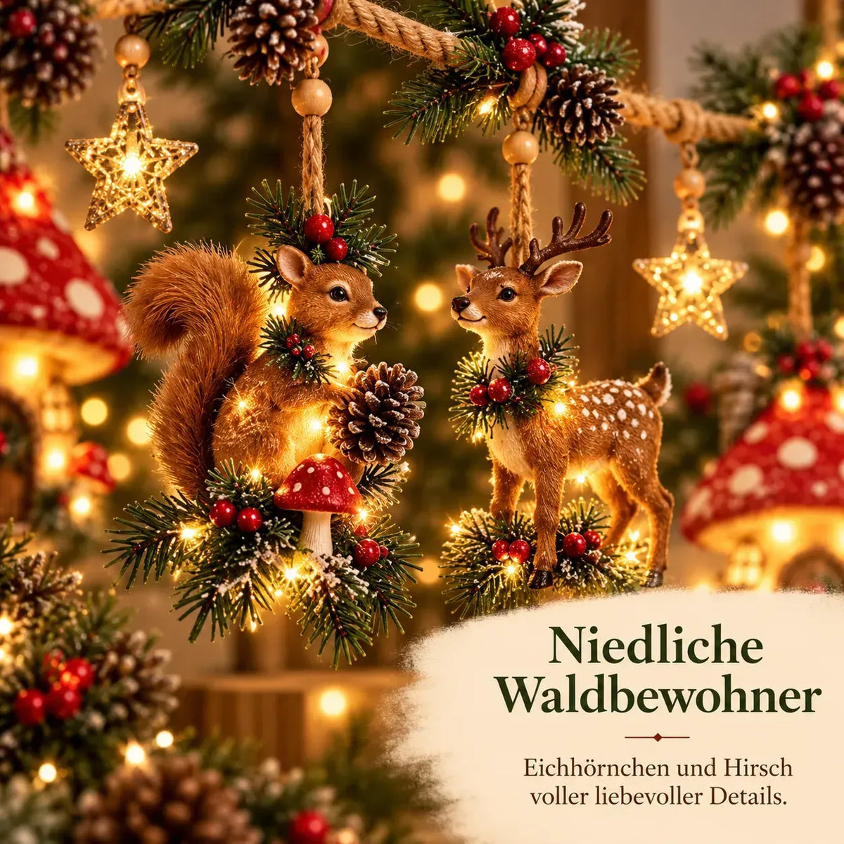 Beleuchtete weihnachtliche Waldgirlande – Festliche Dekoration im Stil eines verzauberten Waldes
