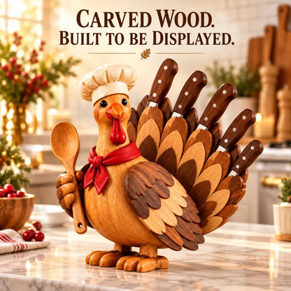 🦃 Rustic Turkey-Shaped Wooden Knife Stand | Thanksgiving Kitchen Decor