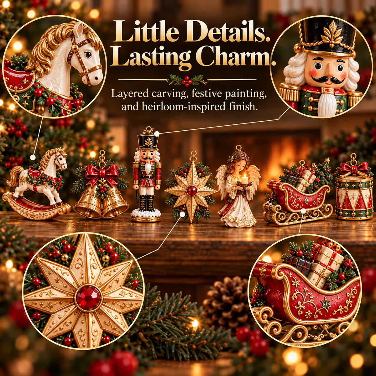 🎄 7-Piece Vintage Christmas Garland | Removable 3D Ornaments