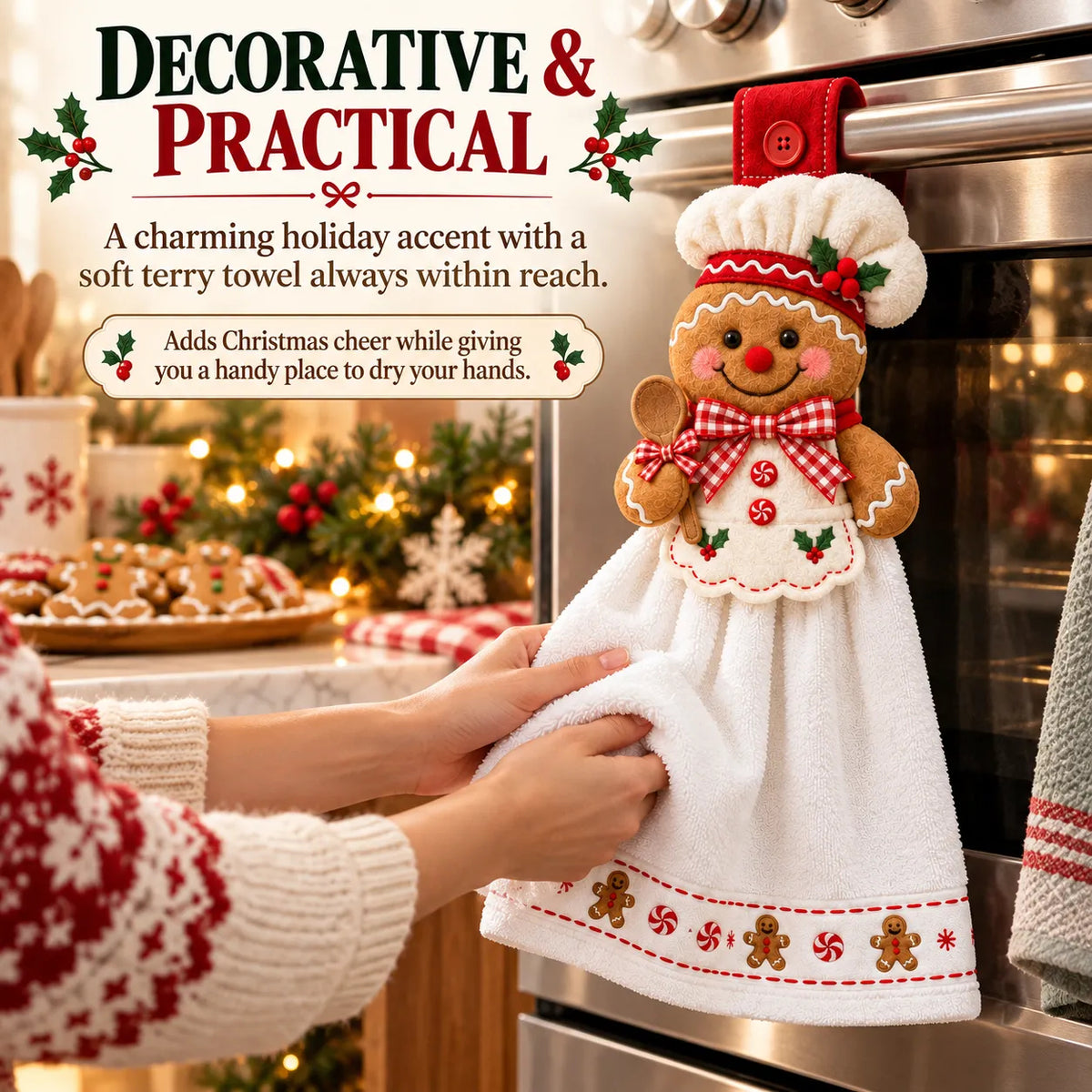 Gingerbread Baker Christmas hanging kitchen towel being used to dry hands