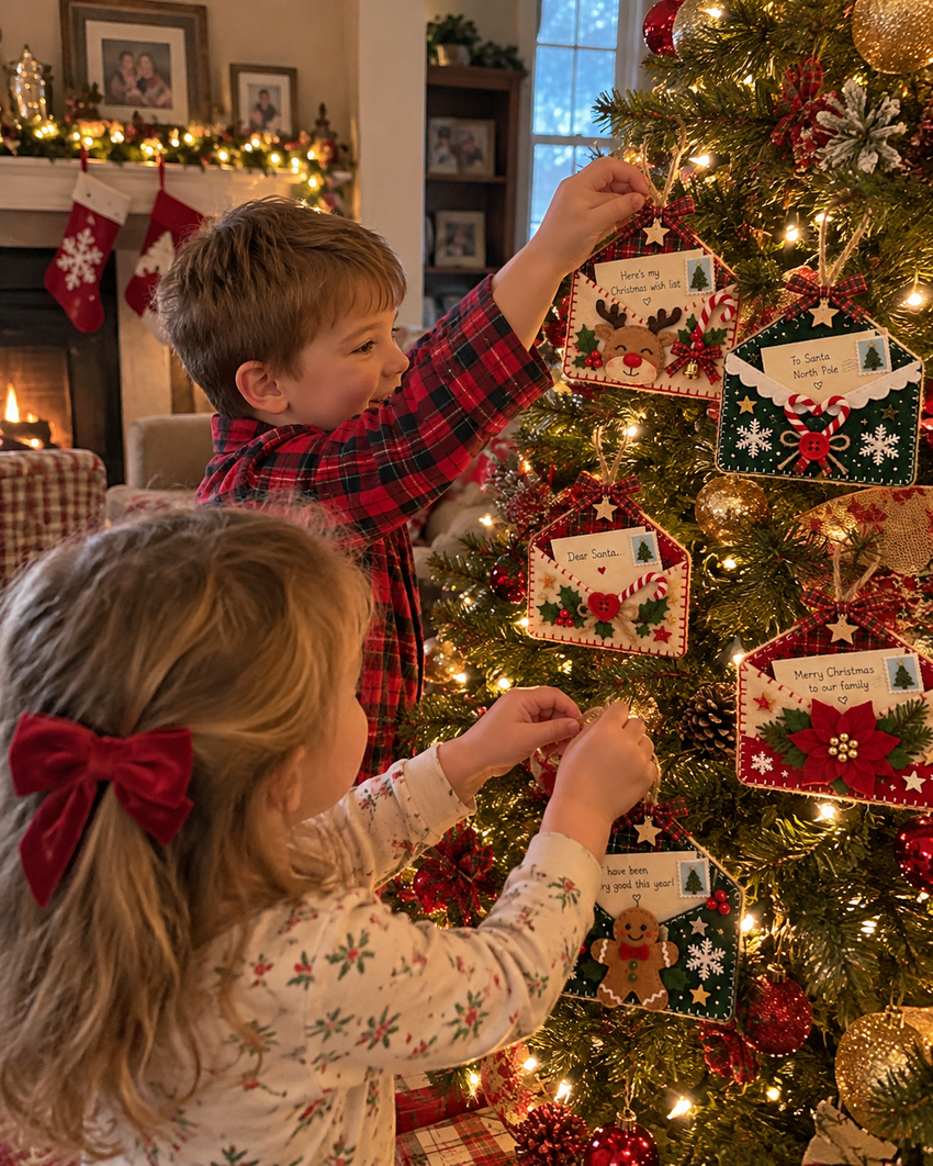 Children hanging their Christmas letter decorations on the tree