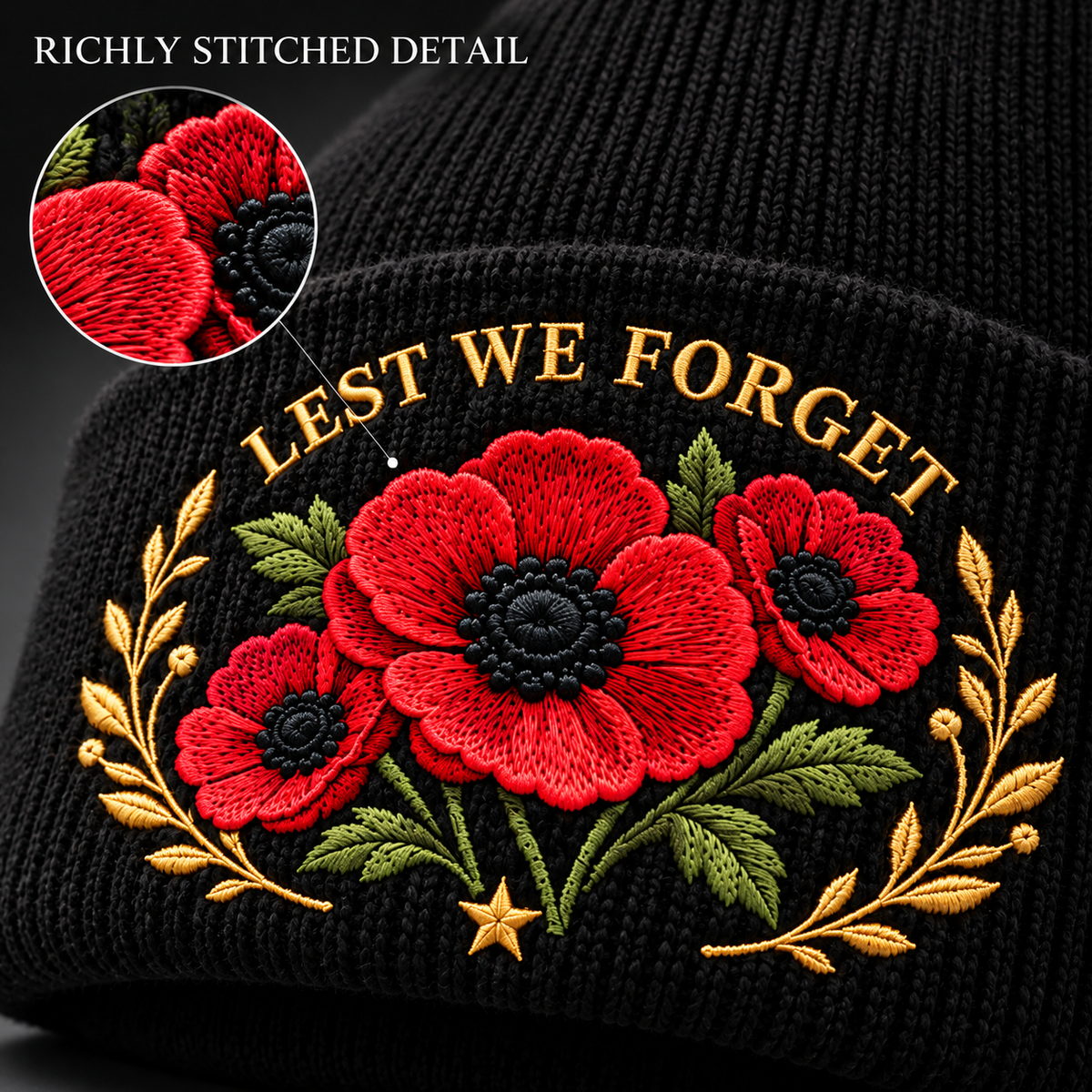 🌺 Remembrance Poppy Embroidered Beanie - A Tribute to Those Who Served