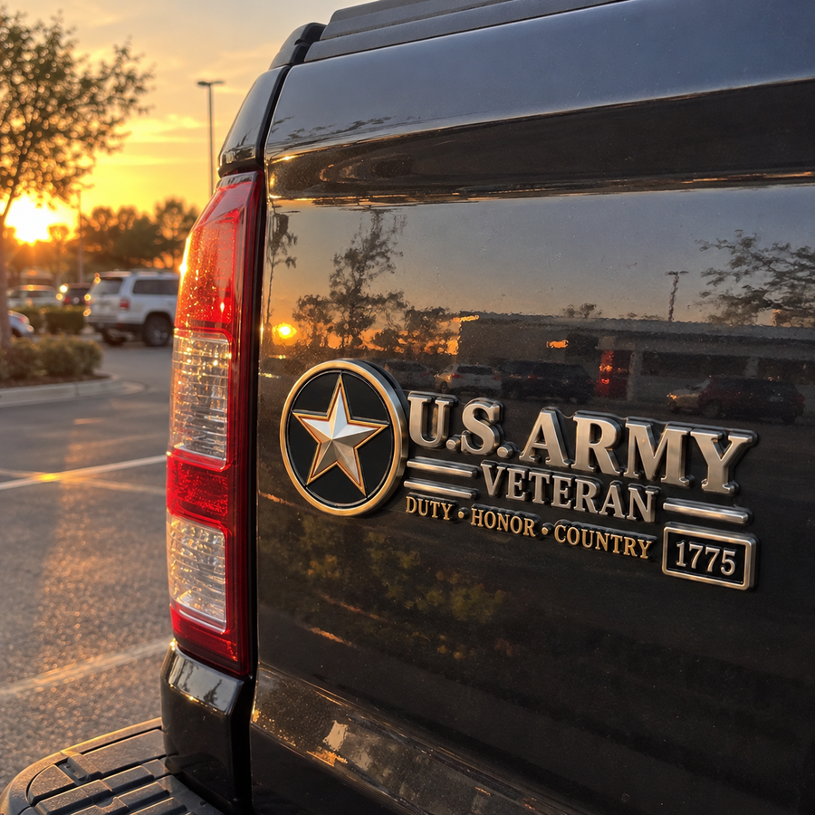 Army veteran emblem on pickup truck