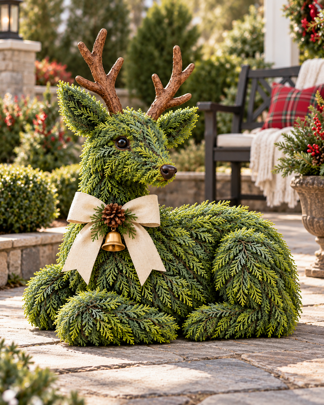 Evergreen reindeer on a sunny garden patio with festive greenery