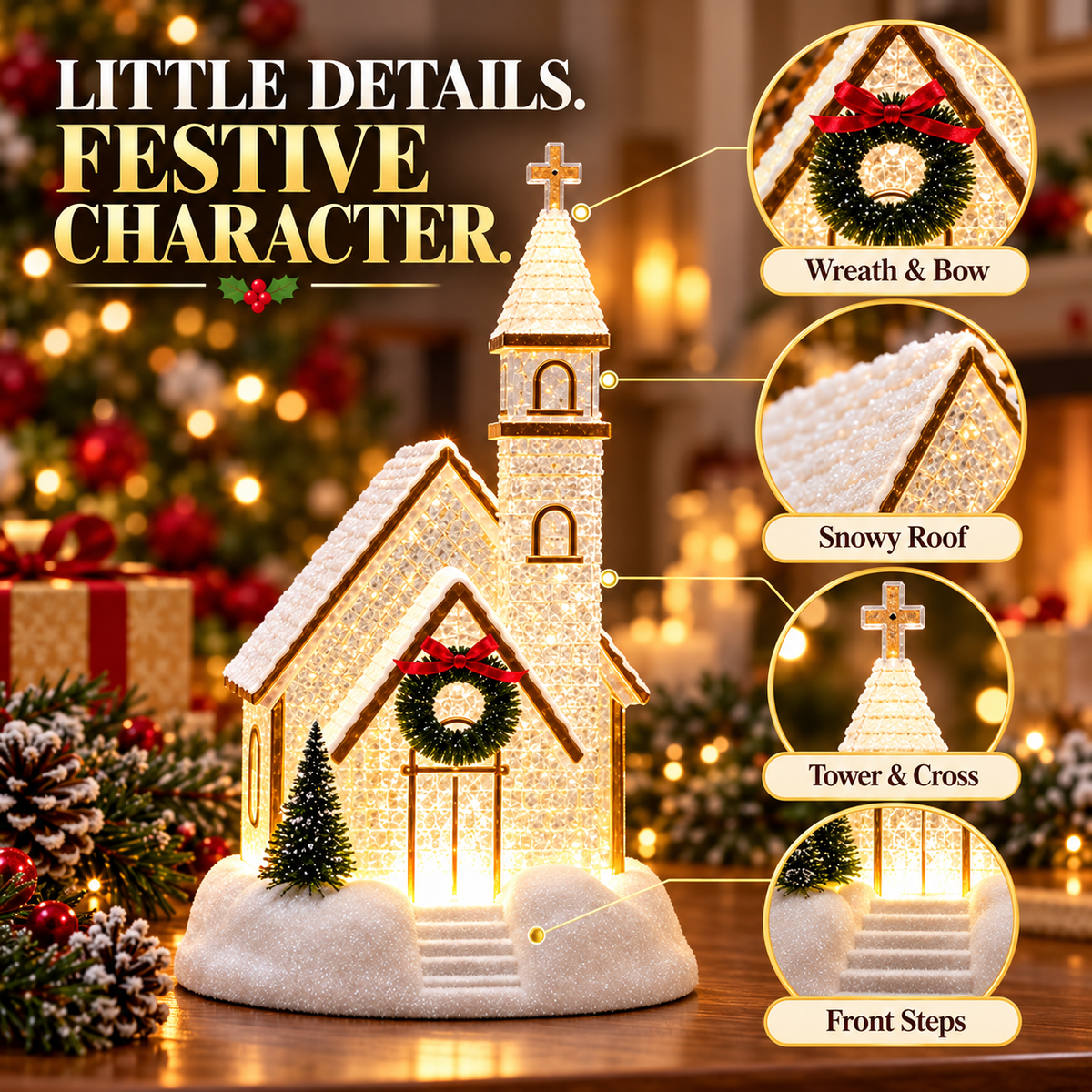 Close-ups of Christmas church snowy roof wreath tower cross and front steps
