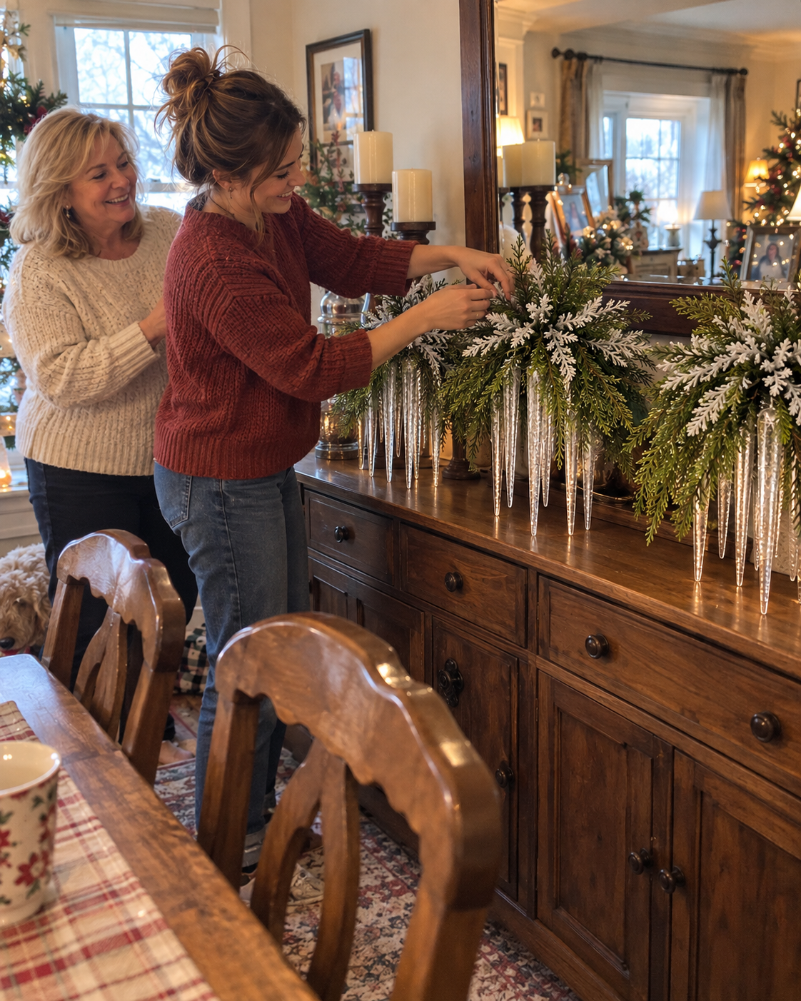 Mother and adult daughter arranging winter icicle greenery on a family sideboard