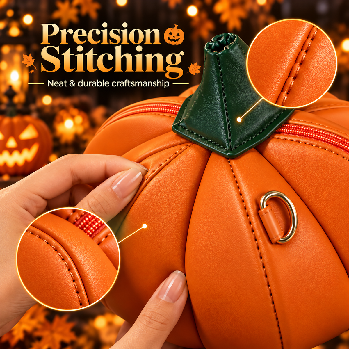 Pumpkin purse stitching and craftsmanship detail